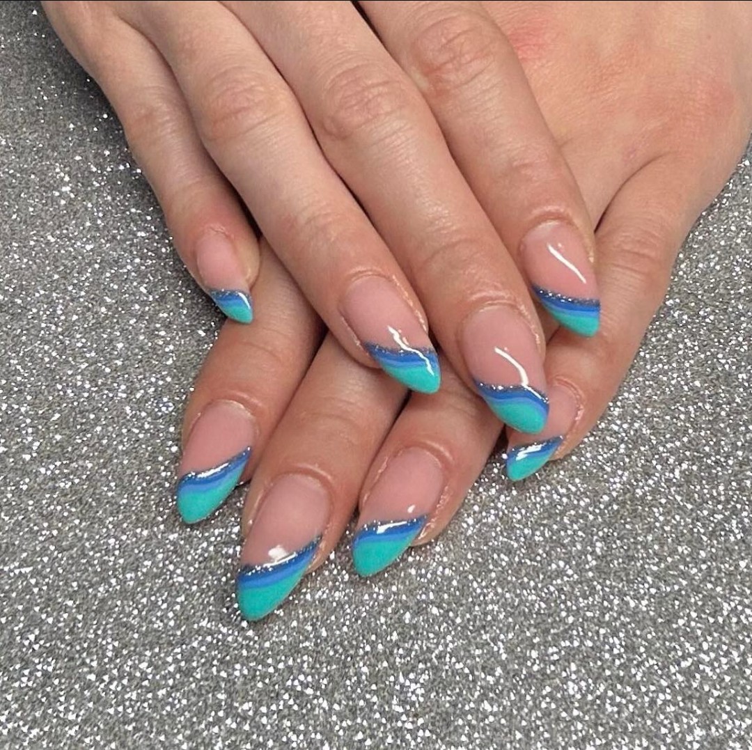 Turquoise and blue French tip manicure